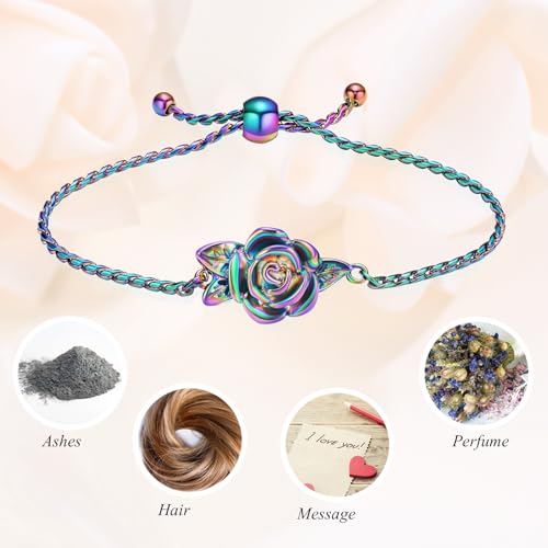 Minicremation Women's Adjustable Rose Urn Bracelet Ashes Holder Memorial Elegant Link Chain Keepsake Cremation Bangle to Hold Ashes - color: Colorful-B