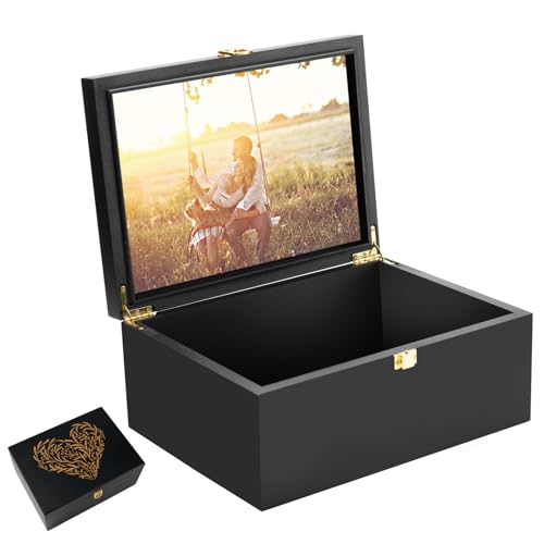 Larger Wooden Memory Keepsake Boxes With Hinged Lids and a photo frame inside the lid - Decorative Storage Box With a Hinge Lids For Picture Letter Time Capsule - 5.3“*8.6”*11.7“ Black - color: Black