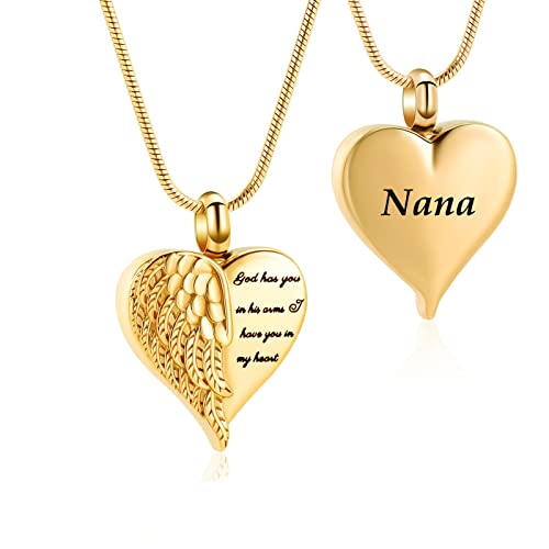 Angel Wing Heart Urn Necklace for Ashes Cremation Jewelry for Women Men Stainless Steel Memorial Necklaces Ash Holder for Human Keepsake Jewelry for Loved Ones with Fill Tool - color: Gold-Nana