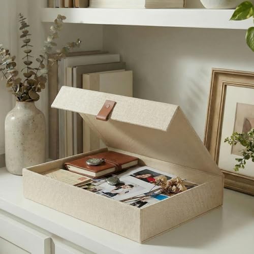ZICOTO Decorative Photo Storage Box with Lid - Beautiful Linen Organizer - color: Ivory, size: Large