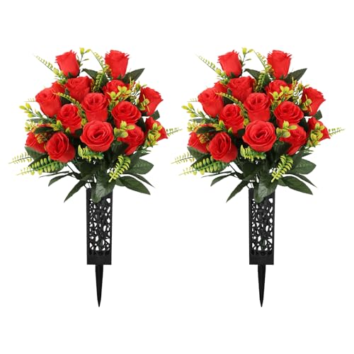 4 Bouquets Artificial Cemetery Flowers with 2 Vase Fake Red Rose Grave Flower for Cemetery Headstones Memorial Outdoor Decorations(Red - color: Red