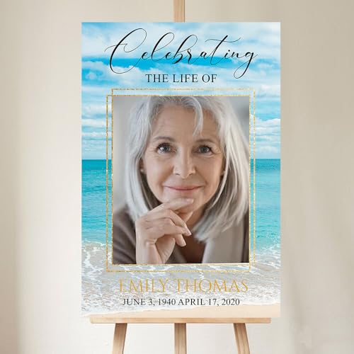 Personalized Blue Sky Gold Funeral Sign - Seascape Life Celebration, Honoring The Life, In Loving Memory - Decoration for Memorial Service - color: Version 11