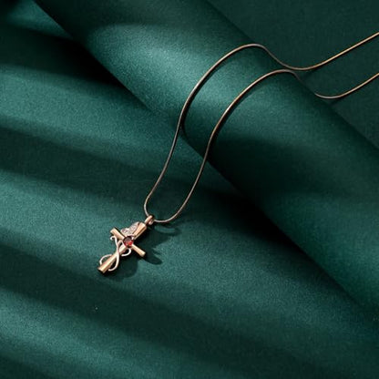 Butterfly Cross Cremation Jewelry Urn Necklaces Cross Butterfly Urn Necklaces for Ashes Memorial Keepsake Pendant for Women Men Gifts With Funnel Kit & Bag - color: Rose+Red
