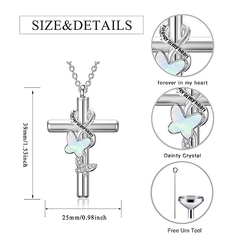 Cross Urn Necklace for Ashes 925 Sterling Silver Cremation Jewelry with Funnel Filler Kit Ashes Necklace for Human Women Girl Pets - color: A_Opal Butterfly Urn Necklace, style: Non-personalized