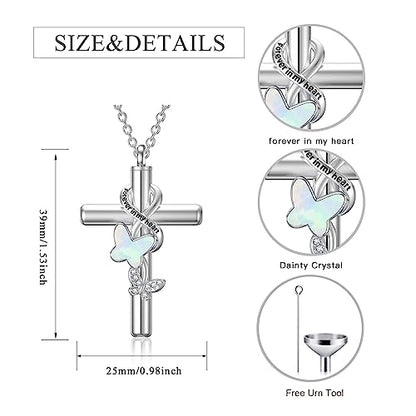 Cross Urn Necklace for Ashes 925 Sterling Silver Cremation Jewelry with Funnel Filler Kit Ashes Necklace for Human Women Girl Pets - color: A_Opal Butterfly Urn Necklace, style: Non-personalized