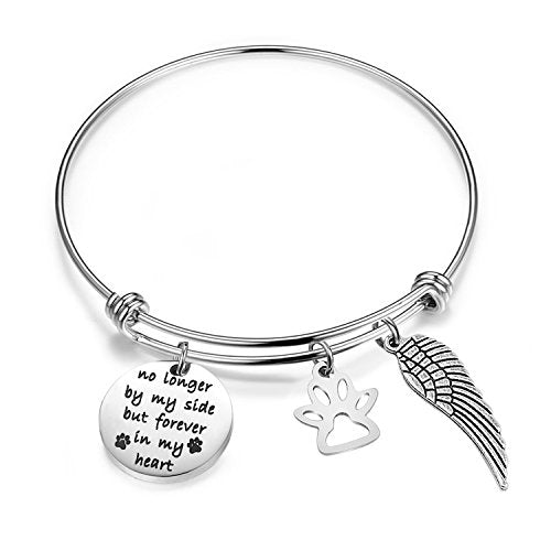 bobauna Pet Memorial Gift No Longer by My Side But Forever in My Heart Bracelet with Paw Print Angel Wing Charms in Memory of Pet