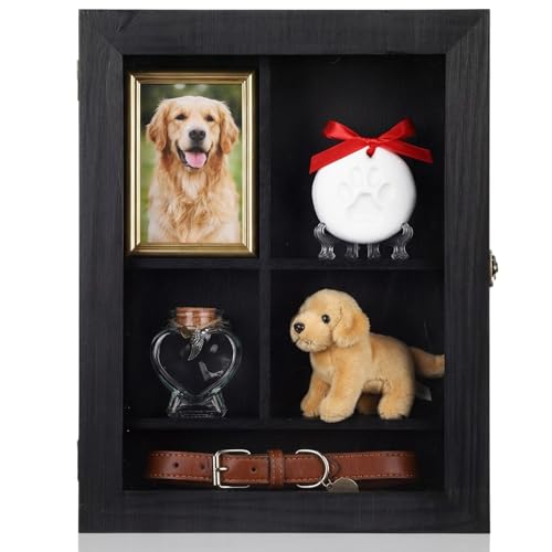 Ripeng Black Pet Memorial Shadow Box with Heart Glass Bottle 14 x 11 in Dog Paw Print Clay Keepsake Display Frame for Lost Pet Memorial Gift Kit for Dogs Lover Owners Loss of Dog Death Sympathy