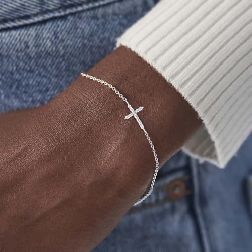 Moodear Cross Bracelet for Women, Dainty Sterling Silver/Gold Plated Gift | Christian Religious Gifts for Teen, Stocking Stuffers, Adjustable Link Bracelets, Sparkling CZ Cross, Non Tarnish Jewelry - color: CZ Silver Cross Bracelet