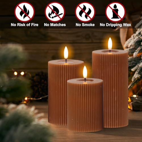 Brown Battery Operated Flameless Candles with 6 Hour Timer | 3D Wick Flickering LED Pillar Candles, Vertical Stripe Wax, Dinner Wedding Christmas Holiday Decor, 3"Dx5",6",7"H, 3 Pack - color: 7-3 Pack Brown Timer