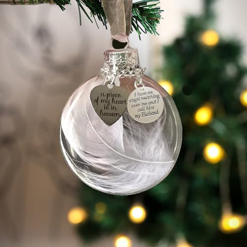 Memorial Ornaments Christmas Clear Feather Ball, A Piece of My Heart is in Heaven, Sympathy Gift for Loss of Loved One (Husband) - color: Husband