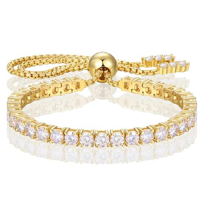 Moissanite Tennis Bracelet 1.79ct-8.69ct Adjustable Bracelet for Women 18K White Gold Plated S925 Sterling Silver Tennis Bracelet D Color VVS1 Round Cut 2/3/4mm Moissanite Bracelet Gifts for Wife/Mom - color: Gold-3MM-3.69Carats