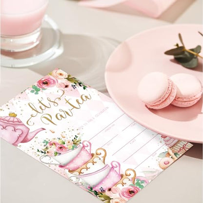 Whaline 25 Packs Tea Party Invitations 5 x 7 Inch Floral Fill-In Invitation Cards with Envelopes Stickers Sweet Dessert Blank Invites for Party Tea Time Birthday Supplies - style: Tea Party