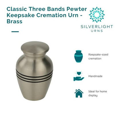 Classic Three Bands Pewter Urn for Ashes - Mini Size Brass Memorial Urn, Gray Silver Design, 3.5 Cubic Inches, 2.75 Inch Funeral Urn - size: Mini Urn