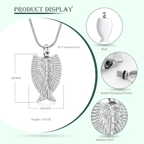Angel Wings Cremation Jewelry Necklaces Stainless Steel Urn Necklaces for Ashes Memorial Keepsake Pendant for Women Men Gifts With Funnel Kit & Bag - color: Silver