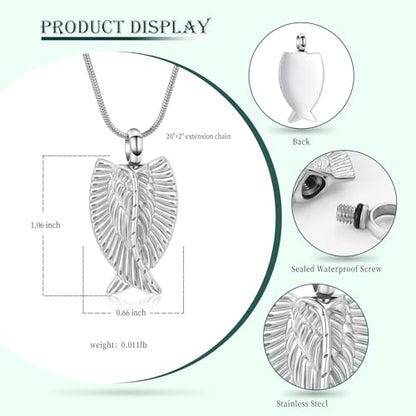 Angel Wings Cremation Jewelry Necklaces Stainless Steel Urn Necklaces for Ashes Memorial Keepsake Pendant for Women Men Gifts With Funnel Kit & Bag - color: Silver