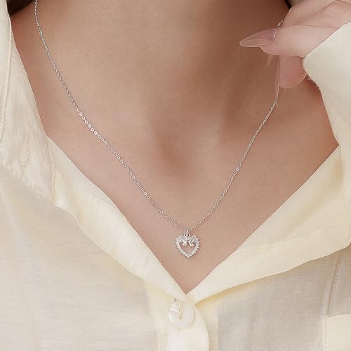 Bow Heart Pendent Pendant Necklace for Women White Crystal Necklace Dainty Silver Plated Necklace Bow Jewelry with Zirconia, Heart Choker Necklaces for Her Gifts - style: White heart