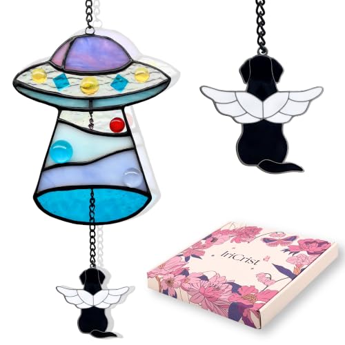 UFO Dog Memorial Gifts for Loss of Dog, Unique Pet Loss Sympathy Stained Glass Spaceship Suncatcher, Thoughtful Bereavement Window Hanging for Memory Puppy Passing Away Remembrance - Purple - color: Purple - Dog