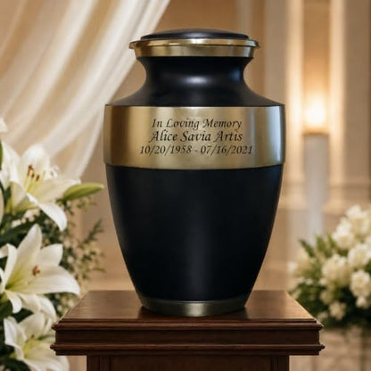 Black and Gold Cremation Urn for Human Ashes, Adult Engraved Memorial Urn