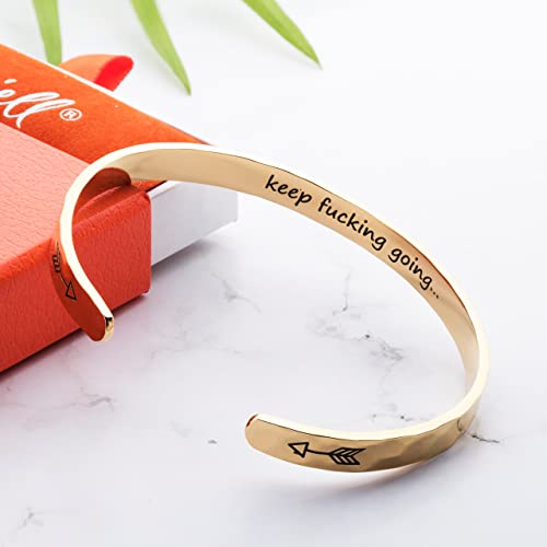 Bracelets for Women – 100+ Meaningful Engraved Messages – Solid 316L Surgical Stainless Steel Cuff Bracelet – Gift Ready - color: BADASS Gift - Keep F##king Going - GOLD