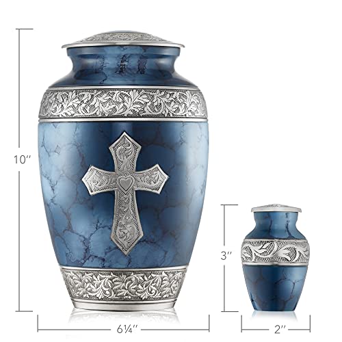Reminded Set of 5 Engraved Cross Cremation Urns for Human Ashes - 1 Brass Adult + 4 Keepsake Token Size, Blue - color: Blue