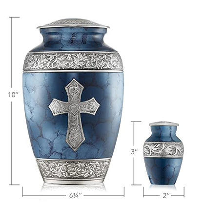 Reminded Set of 5 Engraved Cross Cremation Urns for Human Ashes - 1 Brass Adult + 4 Keepsake Token Size, Blue - color: Blue