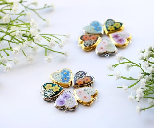 Handmade Heart Shaped Dried Pressed Forget Me Not Flower Photo Locket Pendant Necklace - color: Silver, style: BLUE+BLUE