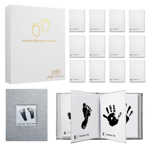 Baby Inkless Milestone Cards Hand Casting Kit Ink Print Hand and Footprint Kit Dog or Cat Pet Paw Print Kit Baby Newborn Footprint Kit Photo Album Keepsake Book Feet Stamp (White Gift Box + Album) - style: White Gift Box + Album