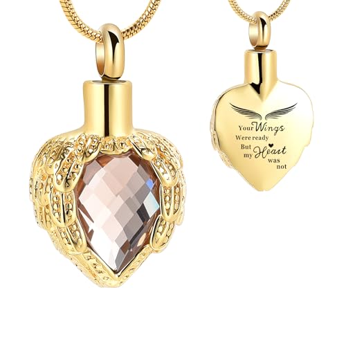 memorial jewelry Gold Angel Wings Glass Heart Urn Pet/Human Cremation Pendant Necklace Jewelry for Ashes - color: Gold-Your Wings