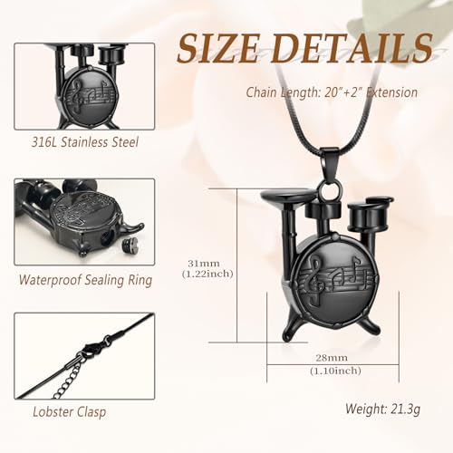 Memorial Cremation Jewelry for Ashes Music Drum Set Shaped Urn Necklaces for Human Dog Cat Keepsake Pendant Jewelry with Fill Kit - color: Black