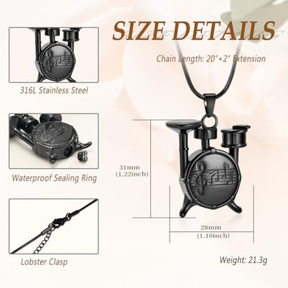 Memorial Cremation Jewelry for Ashes Music Drum Set Shaped Urn Necklaces for Human Dog Cat Keepsake Pendant Jewelry with Fill Kit - color: Black
