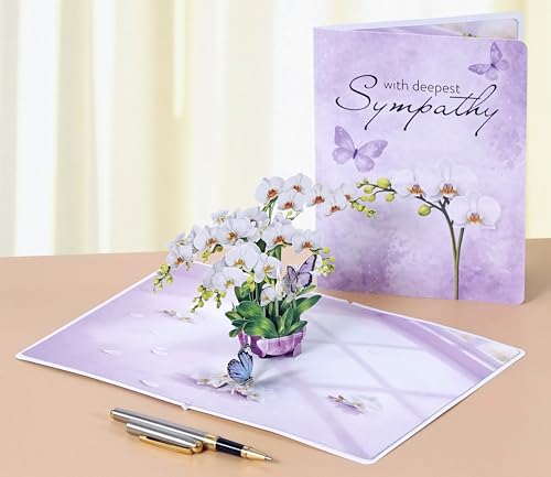 CUTPOPUP Sympathy Pop Up Card, 3D Orchid Flower Condolence Card, With Deepest Sympathy Bereavement Card for Loss of Loved One, Mom, Dad, Pet SD293US - color: Sympathy Orchid-6x8in