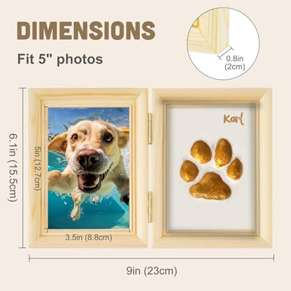 Avont Paw Print Kit, Pet Memorial Keepsake with Frame | Skin-Friendly Air-Dry Clay | Wooden Double-Hinged Frame | DIY Pet Name Stencils | Tabletop & Wall Mount | Natural - color: Natural
