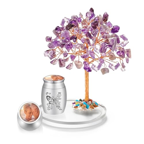Photo Personalized 1.57" Small Urns for Human Ashes Keepsake, Stainless Steel Mini Urn for Ashes with Amethyst Crystal Tree Decoration, Butterfly Cremation Urns for Women Men Sharing Holder - size: Photo-Custom