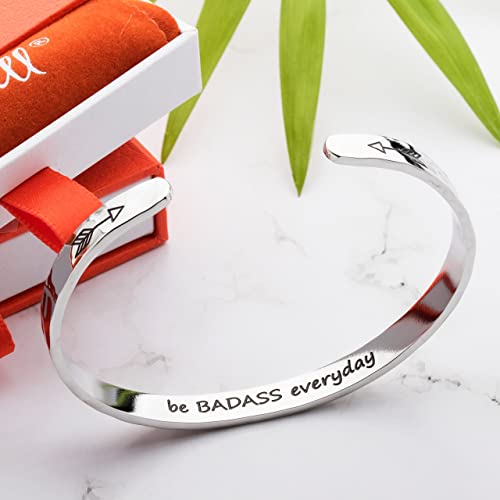 Bracelets for Women – 100+ Meaningful Engraved Messages – Solid 316L Surgical Stainless Steel Cuff Bracelet – Gift Ready - color: BADASS Gift - Be BADASS everyday - SILVER