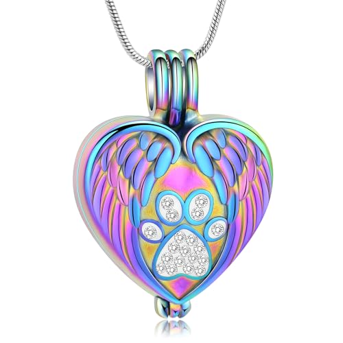 zeqingjw Pet Cremation Jewelry for Ashes Pendant Paw Print Pet Heart Urn Necklace Memorial Keepsake Jewelry for Pet/Dog's/Cat's Ashes - color: Wing Heart-Colorful