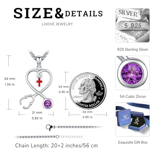 Angel Wings Necklace 925 Sterling Silver Guardian Angel Nurse RN Caduceus Pendant Charm Crystal Angel Jewelry Gifts for Women - style: H-Stethoscope-02-Feb.-Amethyst