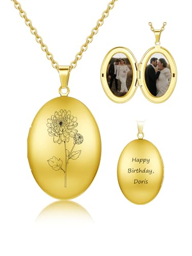 Custom Photo Locket Necklace Women Personalized Text Birth Flower Necklace that Hold Picture Stainless Steel Memorial Jewelry for Mothers Day Christmas - color: Golden
