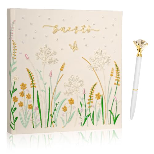 Embroidered Wedding Guest Book—The Perfect Polaroid Guest Book for Wedding Receptions, Birthdays, Baby Showers, and Special Events with 3 Photo corner stickers+ 3 DIY pens+1 Diamond Pen (Yellow) - color: Yellow
