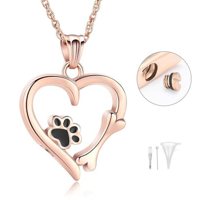 Pet Cremation Jewelry for Ashes Paw Print Pet Heart Urn Necklace Memorial Keepsake Jewelry for Pet/Dog's/Cat's Ashes Pendant - color: Rose gold