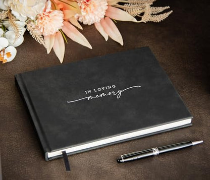 in Loving Memory Funeral Guestbook w/Pen & Box (Design 2) - 9.5 x 7 Black Hardcover with Sliver Embossing, 60 Lined Pages - Memorial Service & Celebration of Life Guest Book Keepsake - color: Design 2