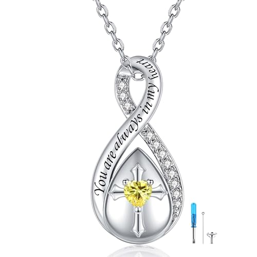 ZOEXUE Infinity Cross Cremation Jewelry - S925 Sterling Silver Cross Urn Necklace for Women - Birthstone Cross with Heart CZ Ashes Keepsake Pendant Memorial Urn Jewelry Gift for A Loss Loved Ones - color: Yellow
