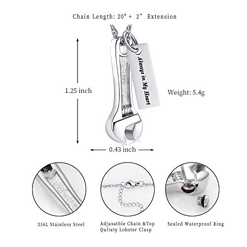 shajwo Wrench Urn Necklace for Ashes for Women Men Human Ashes Stainless Steel Hammer Cremation Jewelry for Ashes Pendant - color: Always in My Heart