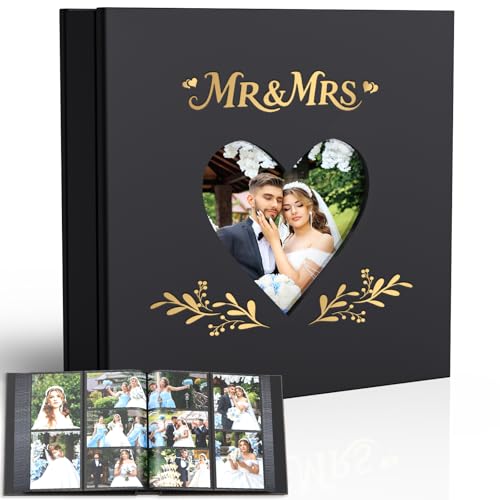 Wedding Photo Album 4x6 400 Pockets, Black Leather Memory Book Gift - color: Black Leather with Black Pages