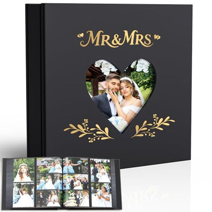 Wedding Photo Album 4x6 400 Pockets, Black Leather Memory Book Gift - color: Black Leather with Black Pages