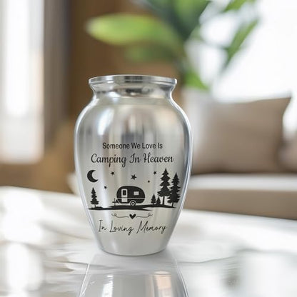Forest Camping Memorial Mini Urn, Stainless Steel Small Keepsake Urn for Human Ashes, Engraved Campfire Design, 2.56" Funeral Remembrance Vessel for Camper & Nature Lovers
