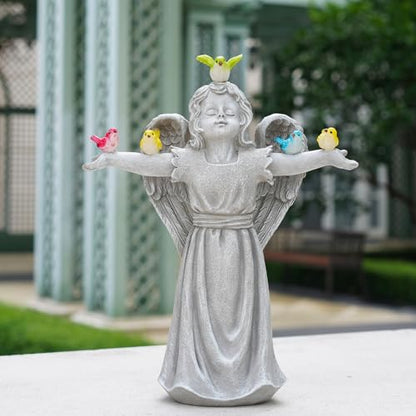 Angel Garden Statue with 5 Birds Solar Lights, Resin Cherub Figurine | Outdoor Decor for Garden Porch Yard, Gift for Women, Teacher, Mother, Birthday, Housewarming