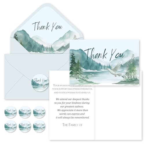FYSUIMU 50Pcs Funeral Thank You Cards Watercolor Mountain Sympathy Cards with Message Bereavement and Envelopes & Matching Stickers for Funeral Family Loved Ones Celebration of Life