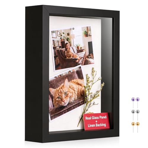 6x8 Small Shadow Box Frame with Ultra-Clear Glass & Soft Linen Back | With Push Pins and Stand, Deep 1.2" Black Shadow Box Display Case – Display on Tabletop or Wall for Photo, Flower, Keepsakes - color: Black+high Definition Panel + Shatter-proof Packagi