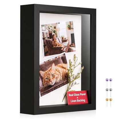 6x8 Small Shadow Box Frame with Ultra-Clear Glass & Soft Linen Back - color: Black+high Definition Panel + Shatter-proof Packaging, size: 6x8