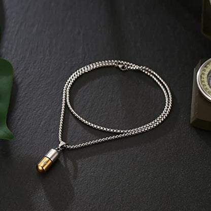 STWTR Stainless Steel Cylindrical Souvenir Capsule Pill Pendant Necklace, Cremated Ashes Pill Container Necklace - color: Gold
